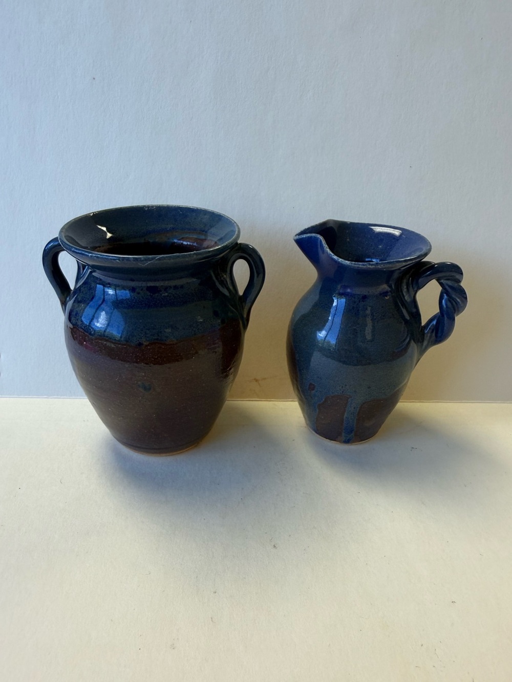 Handcrafted Cross Creek Seagrove Blue Ceramic Pottery Mini Pitcher and Vase